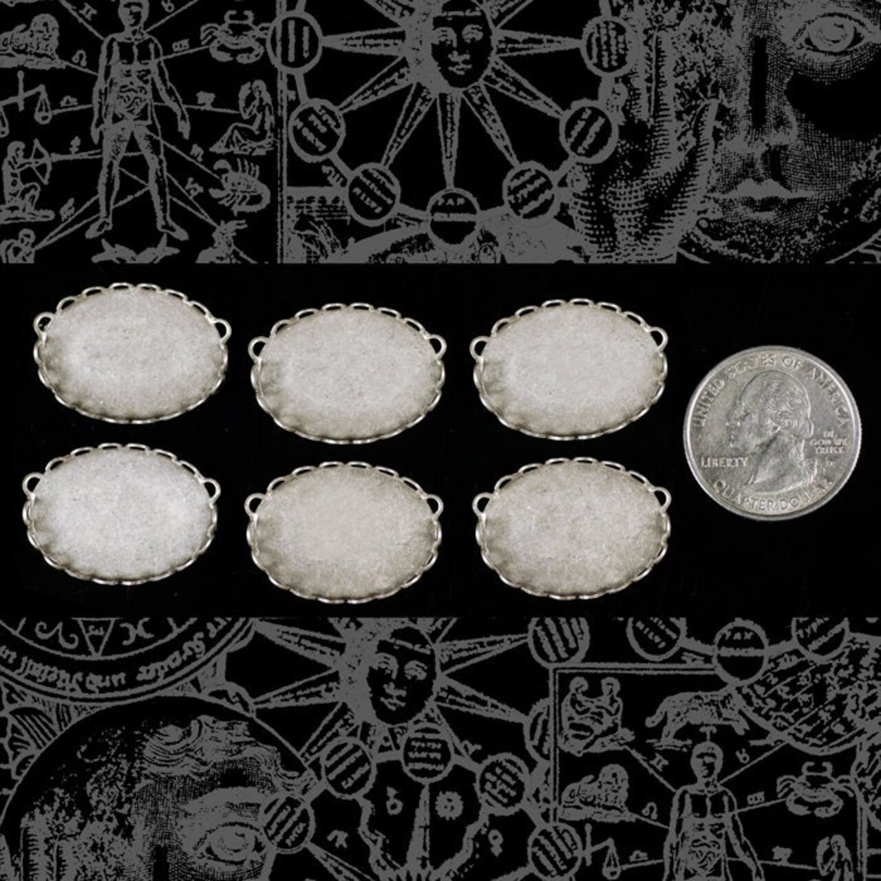 Vintage Basket Antiqued Silver Plated Brass Cameo Frames for 24mm x 18mm Side Profile with Hanging Rings - Set of Six - S-F30